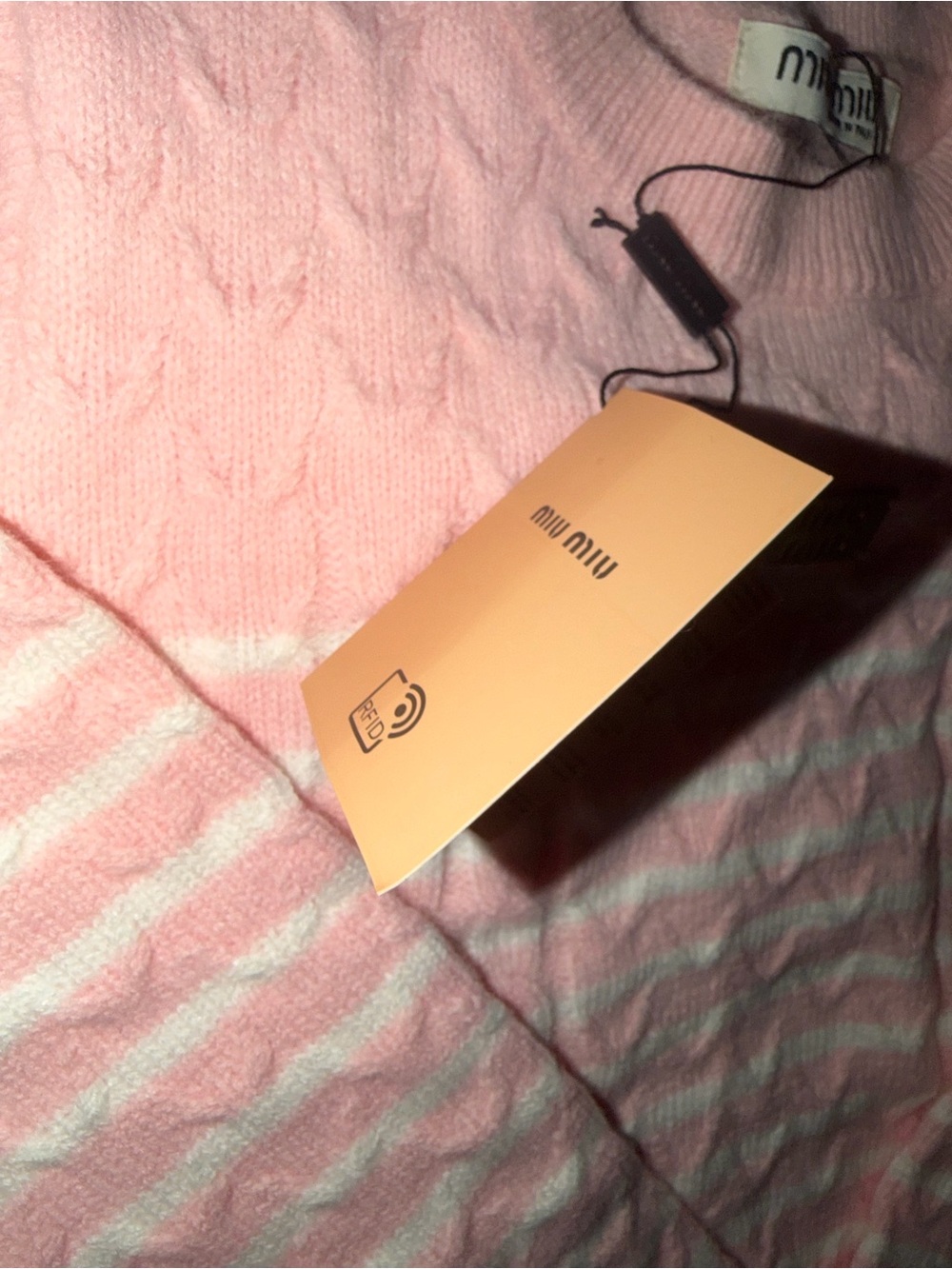 Miu Miu Pink and White Striped Cable Knit Crewneck Sweater - Picture 3 of 4